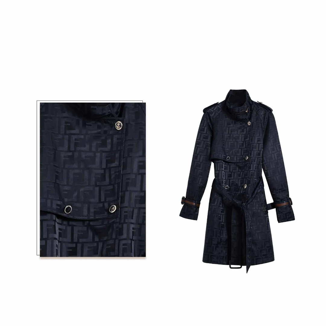 春季新款时尚高级感暗纹印花翻领中长外套风衣VE1038