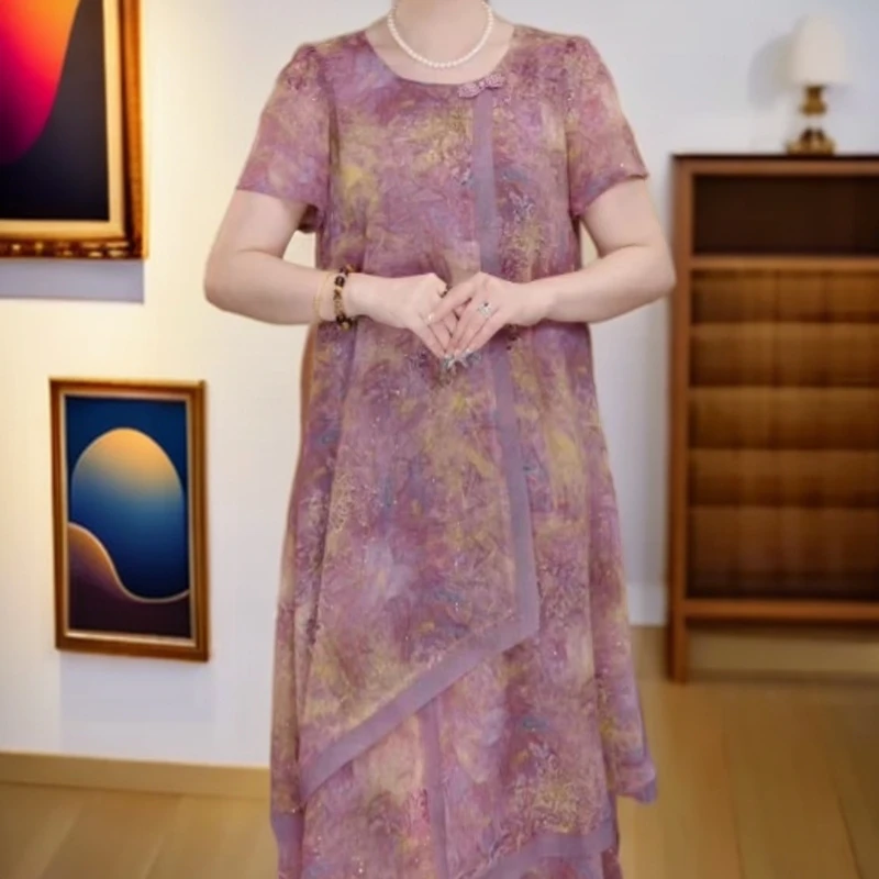 显瘦夏季套头中长裙拼接连衣裙长款提花时尚初恋风