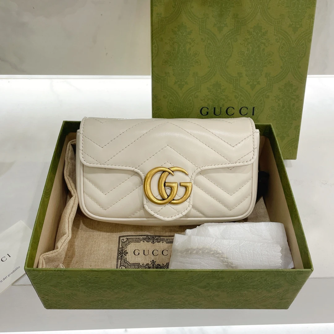 99新 GUCCI/古驰 mini马蒙斜挎包 奶昔白