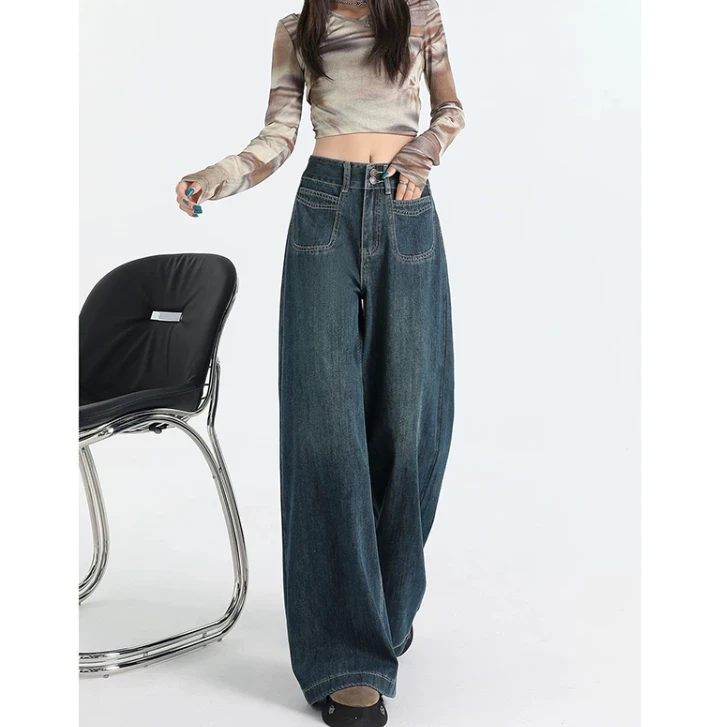 【夏季薄款+运险】复古口袋设计感小众直筒牛仔裤女高腰显瘦阔腿裤