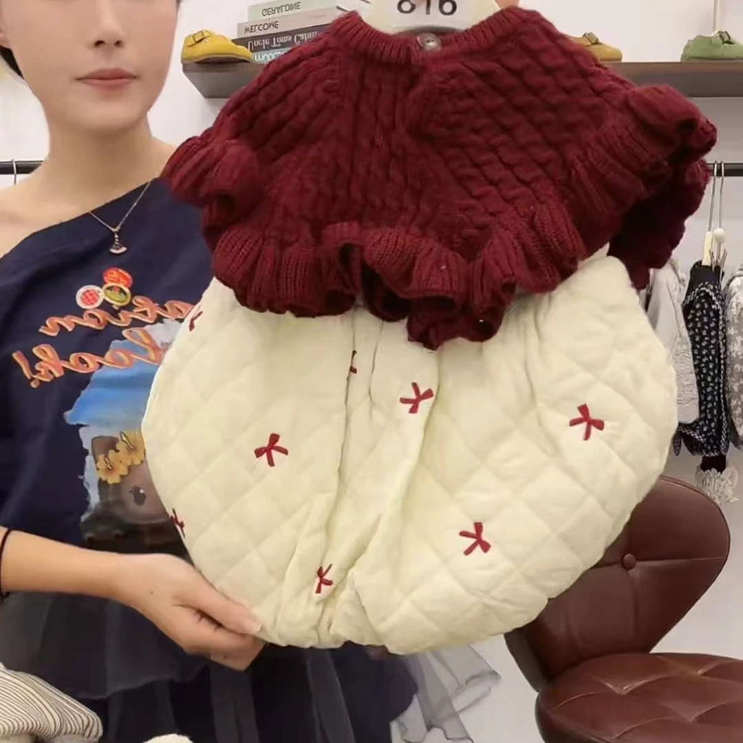 女宝冬装新款洋气儿童夹棉公主毛衣蝴蝶结花苞裙套装