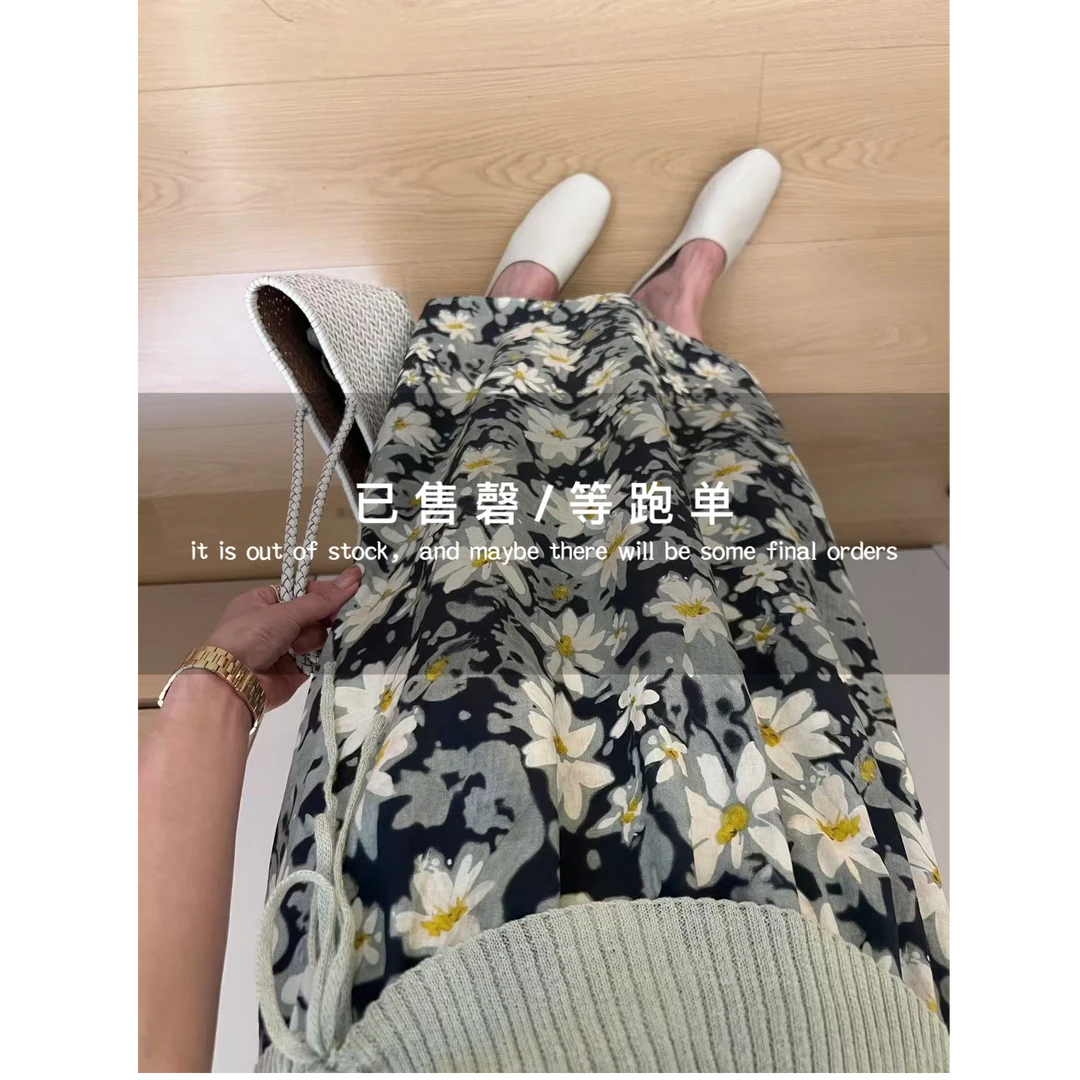 夏花烂漫~油画感碎花松紧腰拼接灯笼裙女 彩色印花A字伞裙 中长款