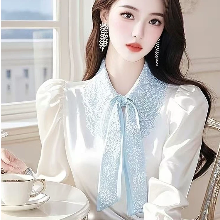 新款气质蕾丝翻领白色醋酸缎面衬衫女春阔太太洋气高贵上衣