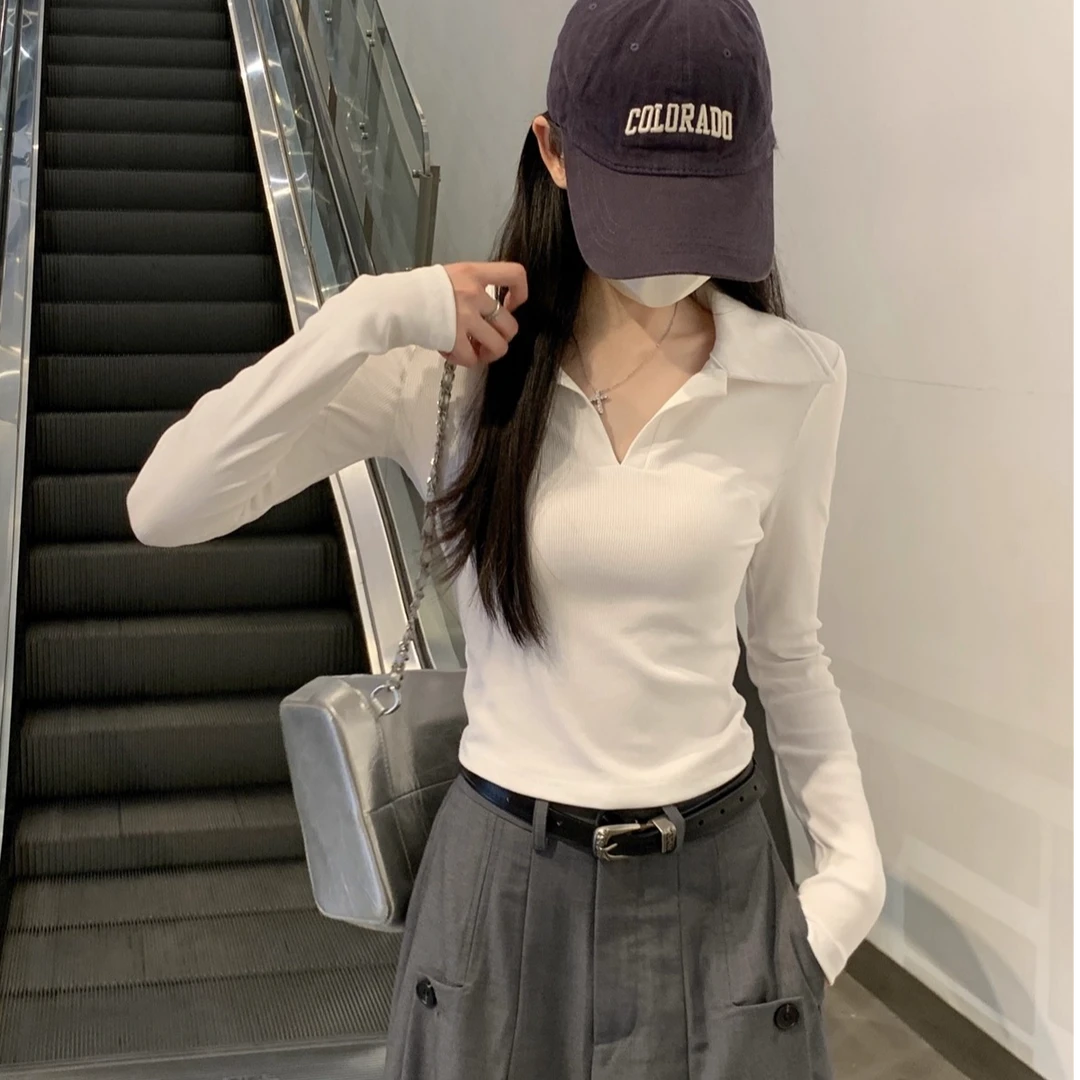 日韩V领长袖T恤衣服女装春秋季通勤休闲百搭修身polo领内搭上衣