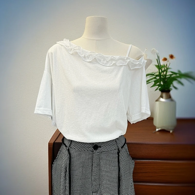 简约风2025夏日温柔风斜肩木耳边吊带套头T恤衫百搭小众上衣女