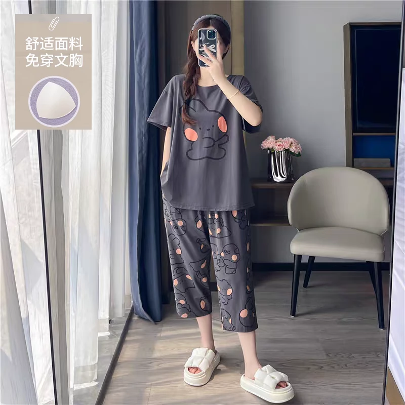 俞兆林100%纯棉带胸垫夏季睡衣女款新款短袖休闲可外穿家居服套装
