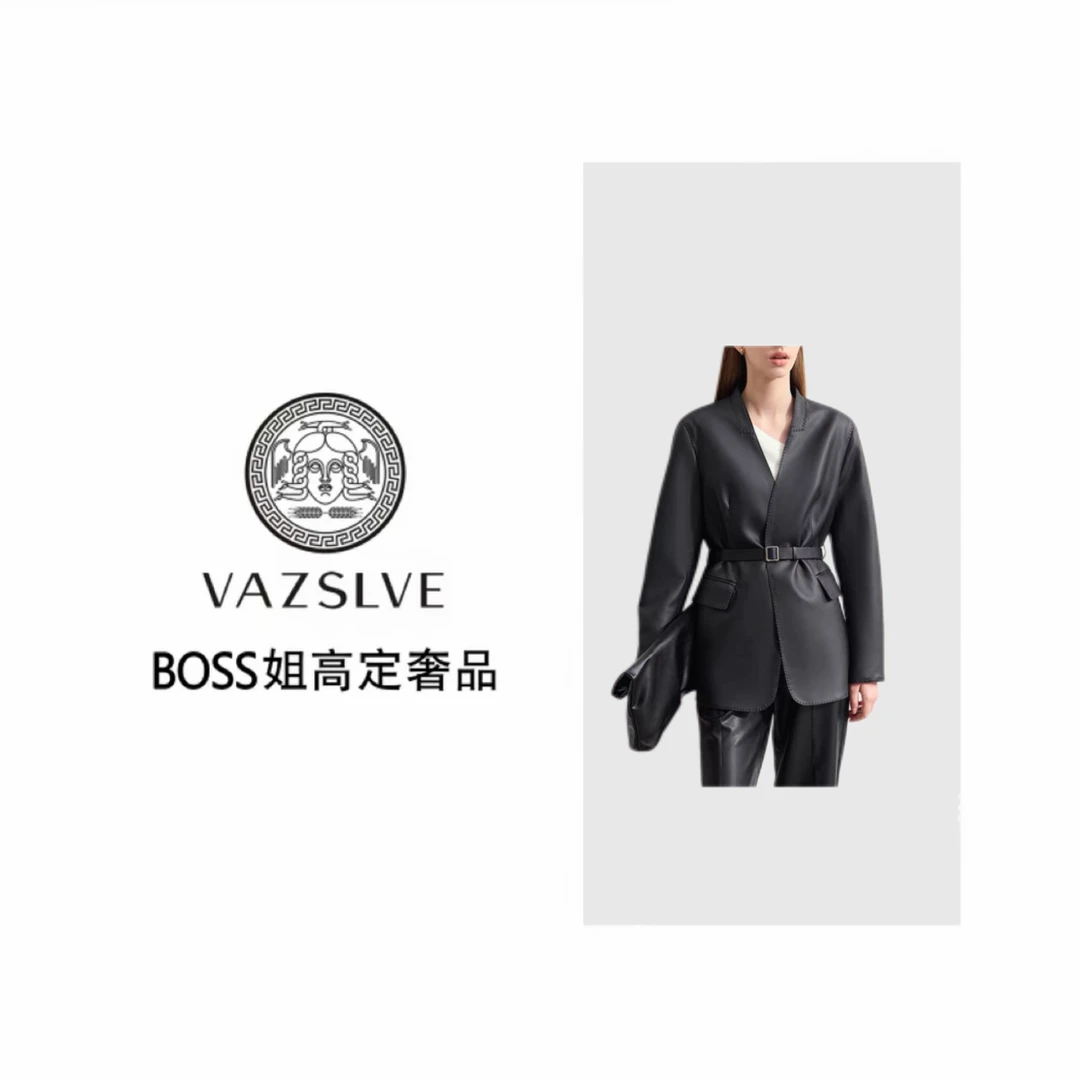 【VAZSLVE/全新奢品】捡漏H家荔枝纹绵羊皮V领收腰显瘦真皮外套