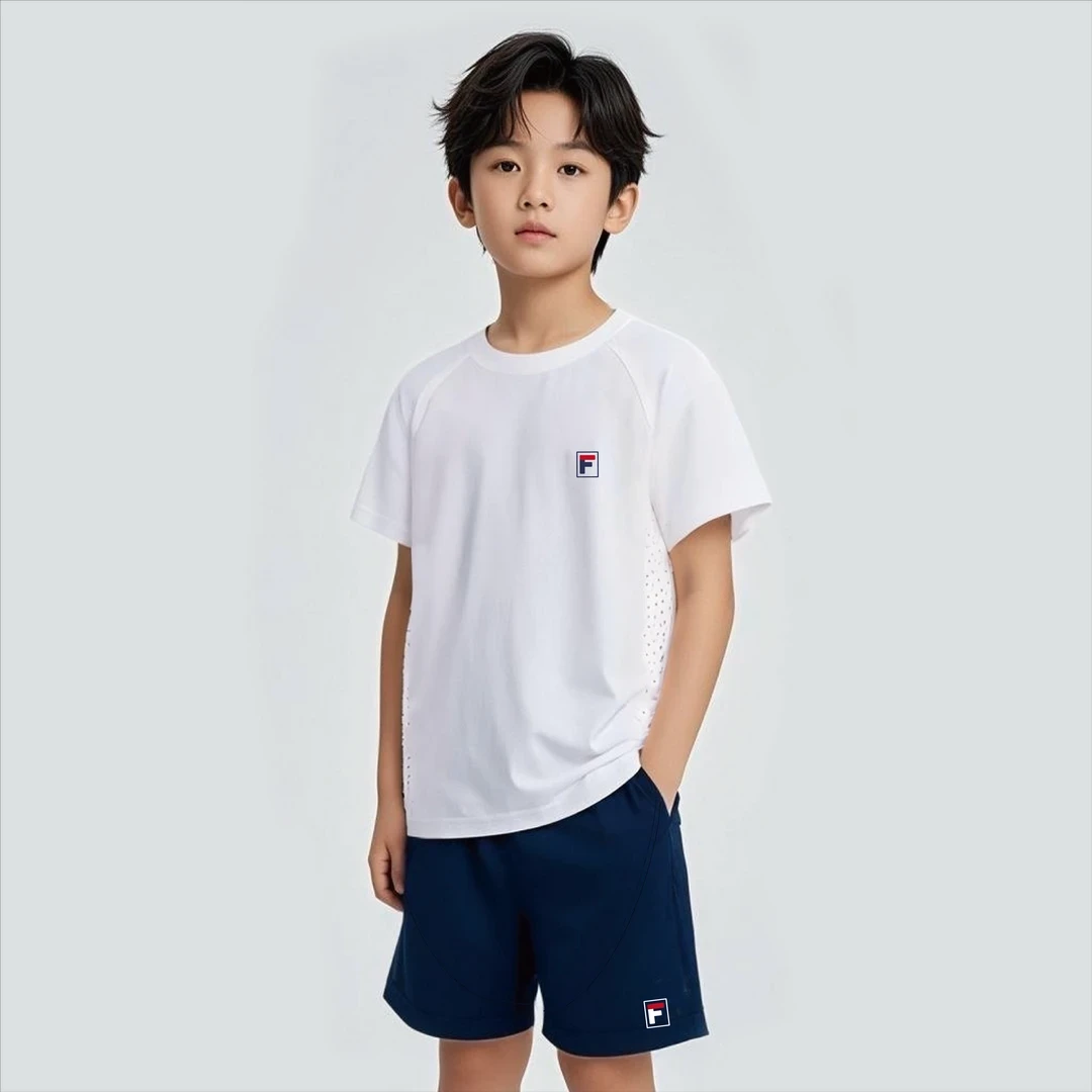 F标新品蓝色白色拼接速干套装衣服男女宝同款夏季休闲圆领