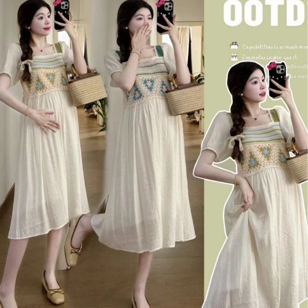 孕妇装2024针织钩花拼接连衣裙民族风方领长裙孕妇连衣裙简约孕妇