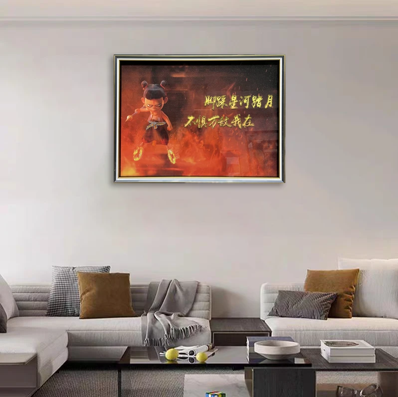 Q127哪吒时尚餐厅客厅轻奢卧室挂画钢化玻璃装裱实物鎏金画
