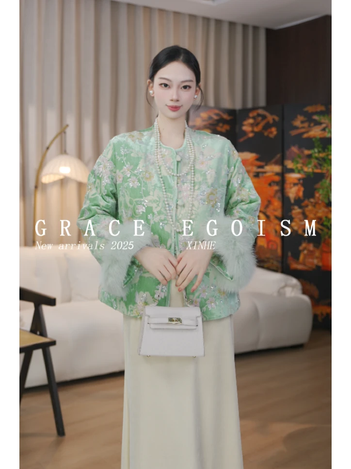 金禾【黛染琼华】冬款国风真丝重工钉珠刺绣袖口狐狸毛羽绒服3817