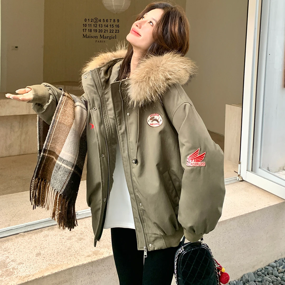 军绿色大毛领连帽派克羽绒服外套女冬季2025新款小众设计感白鸭绒