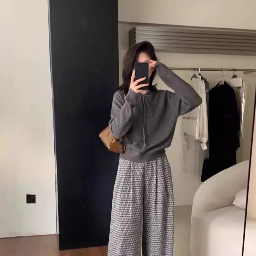 新款慵懒连帽羊毛衫秋冬女休闲宽松针织帽衫简约百搭显瘦带帽毛衣