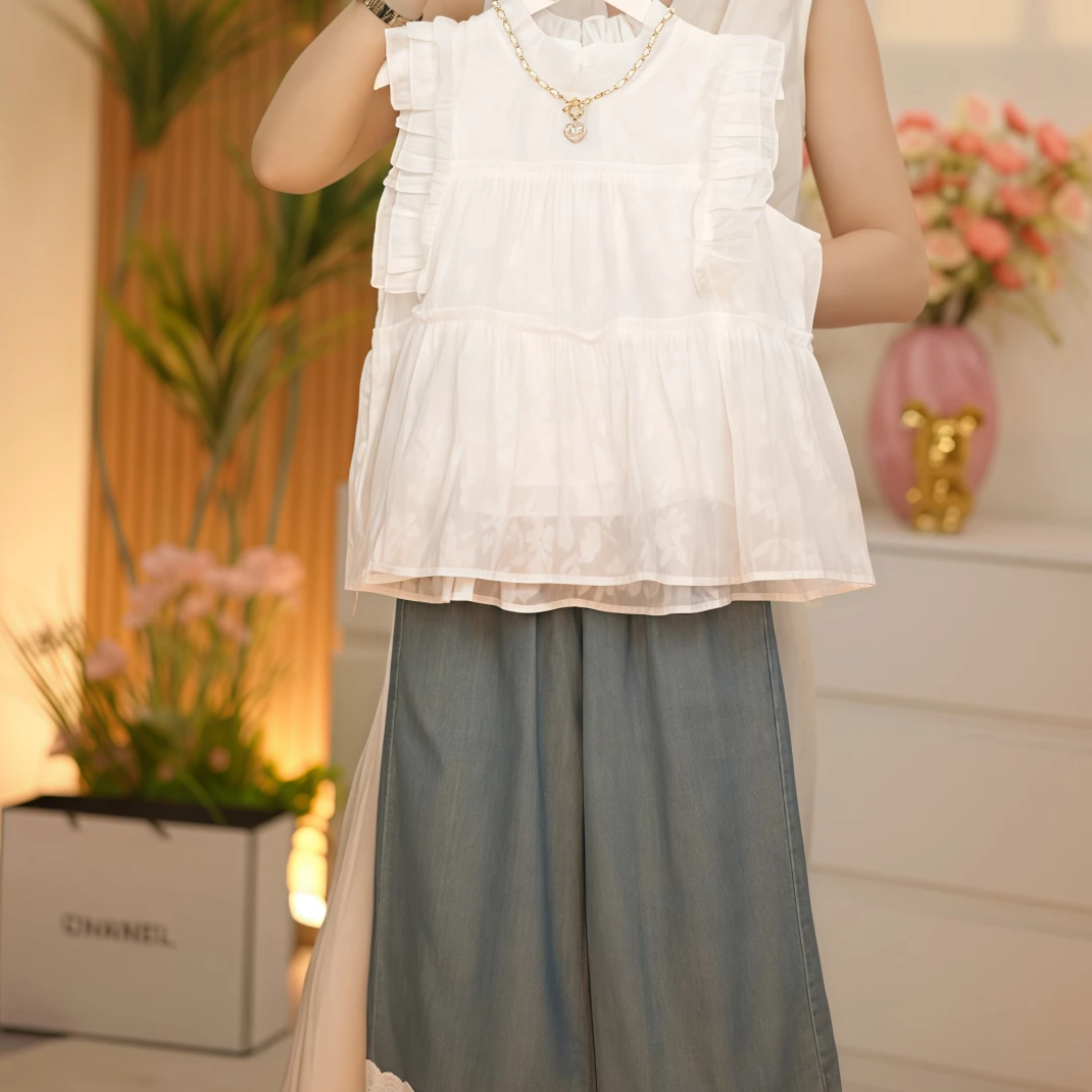 2025设计师原创中大女童仙气无袖纯色花边上衣牛仔长裤套装