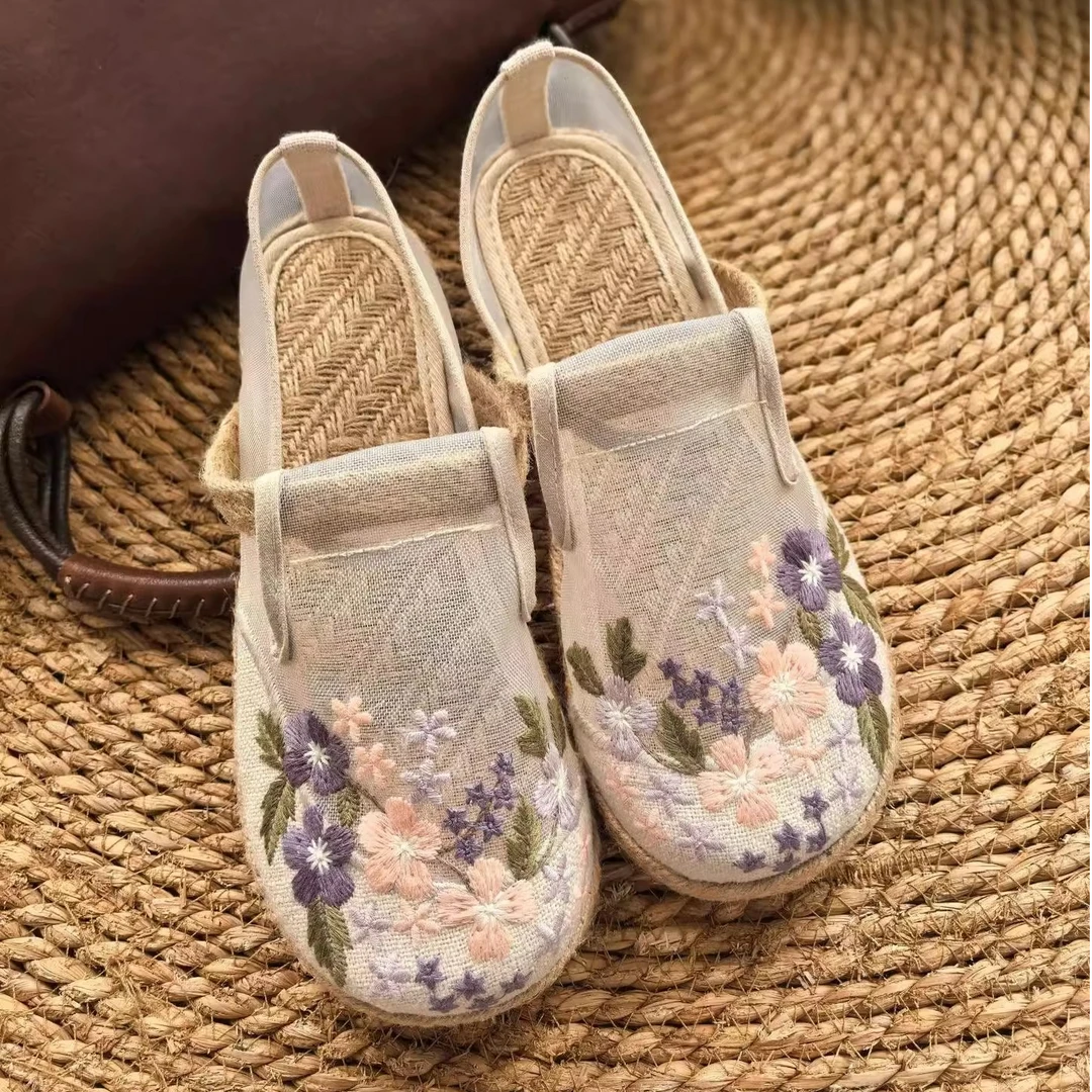 老北京布鞋女款2025新款夏季透气网布亚麻养脚中国风绣花鞋汉服鞋