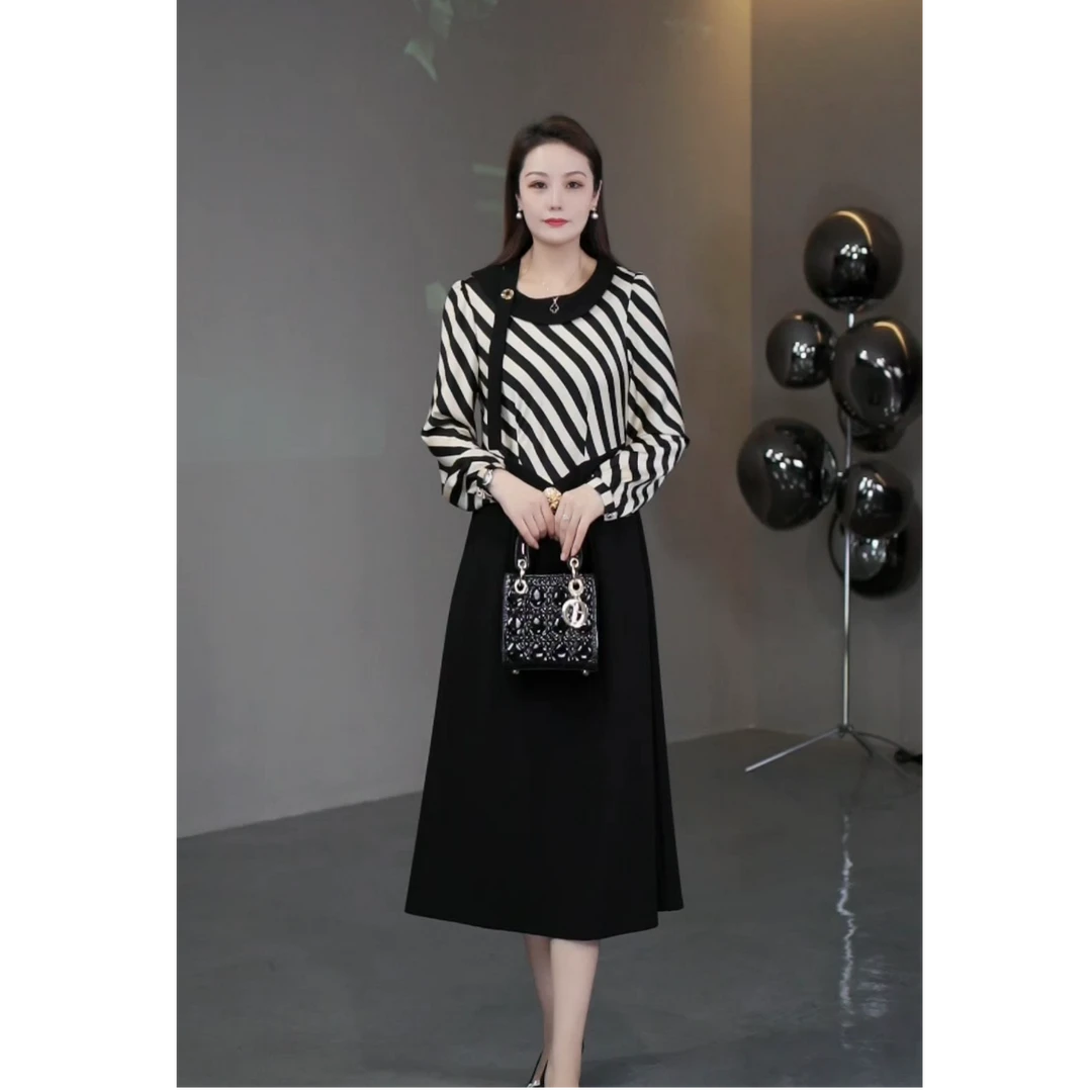 菲姐定制轻奢女装春款时尚气质条纹拼接显瘦连衣裙中长款ZB6268