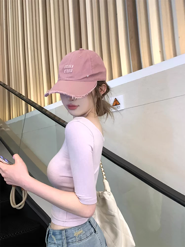 盘盘同款【淡紫美神】设计感中袖U领T恤打底衫内搭修身性感辣妹上衣