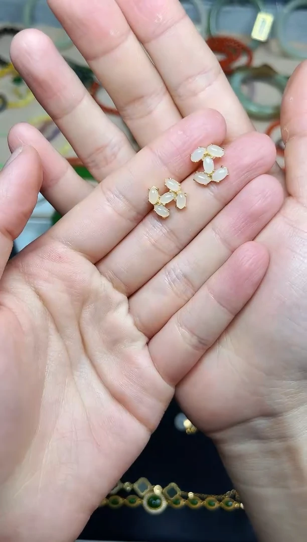 和田玉银S925镶嵌耳饰小香耳钉06