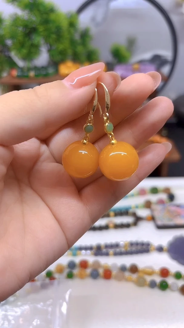 蜜蜡14K金镶嵌耳饰E893