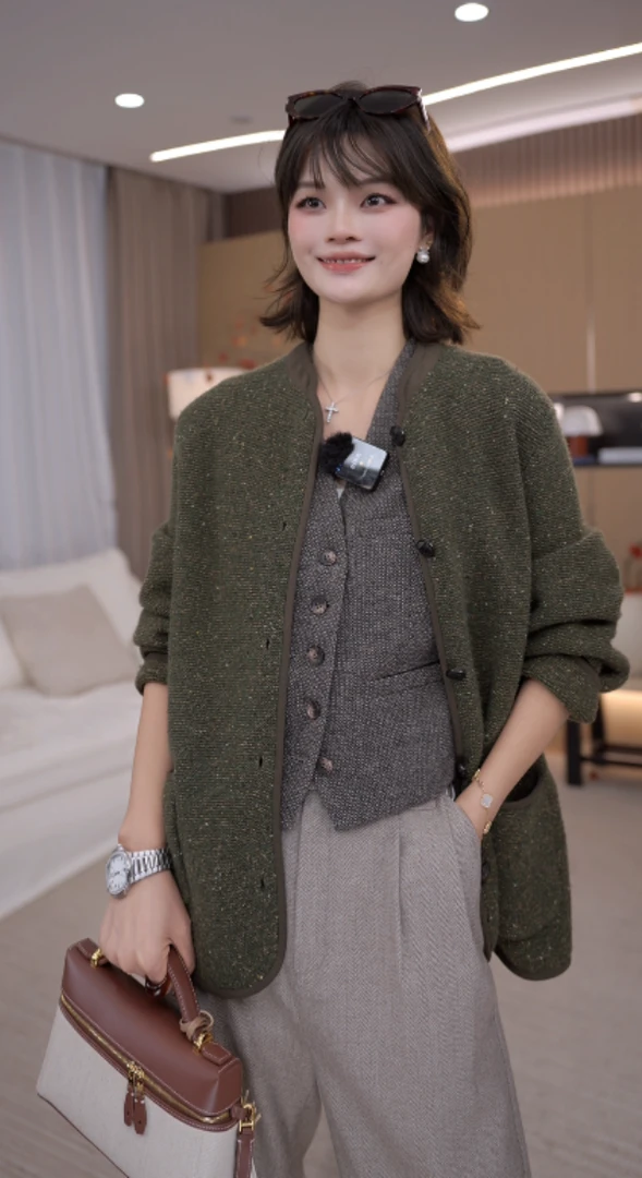 老马Malinlin针织衫女扎染彩点山羊绒+亚麻上衣厚外套开衫