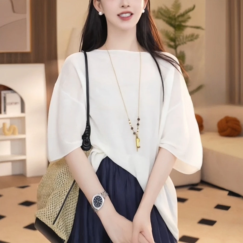 2025夏季新款镂空针织衫气质百搭时尚洋气圆领花纱透气针织上衣