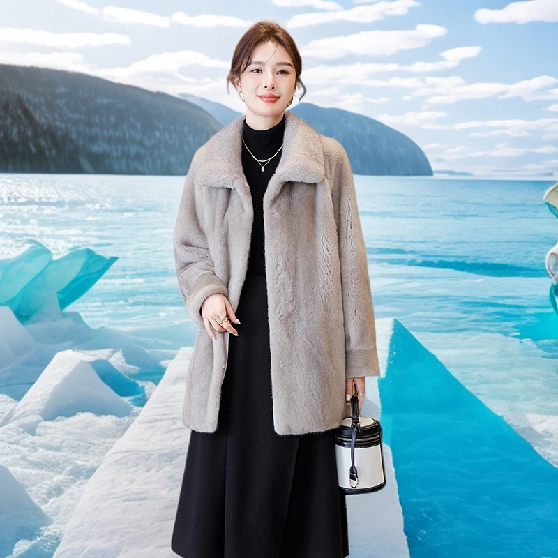 银兰色天鹅绒整貂水貂皮大衣2025冬季新款裘皮皮草中长款风衣外套