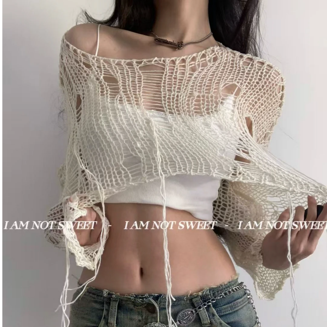 春秋季百搭韩版美式大漏洞镂空透视宽松辣妹慵懒破败针织针织罩衫