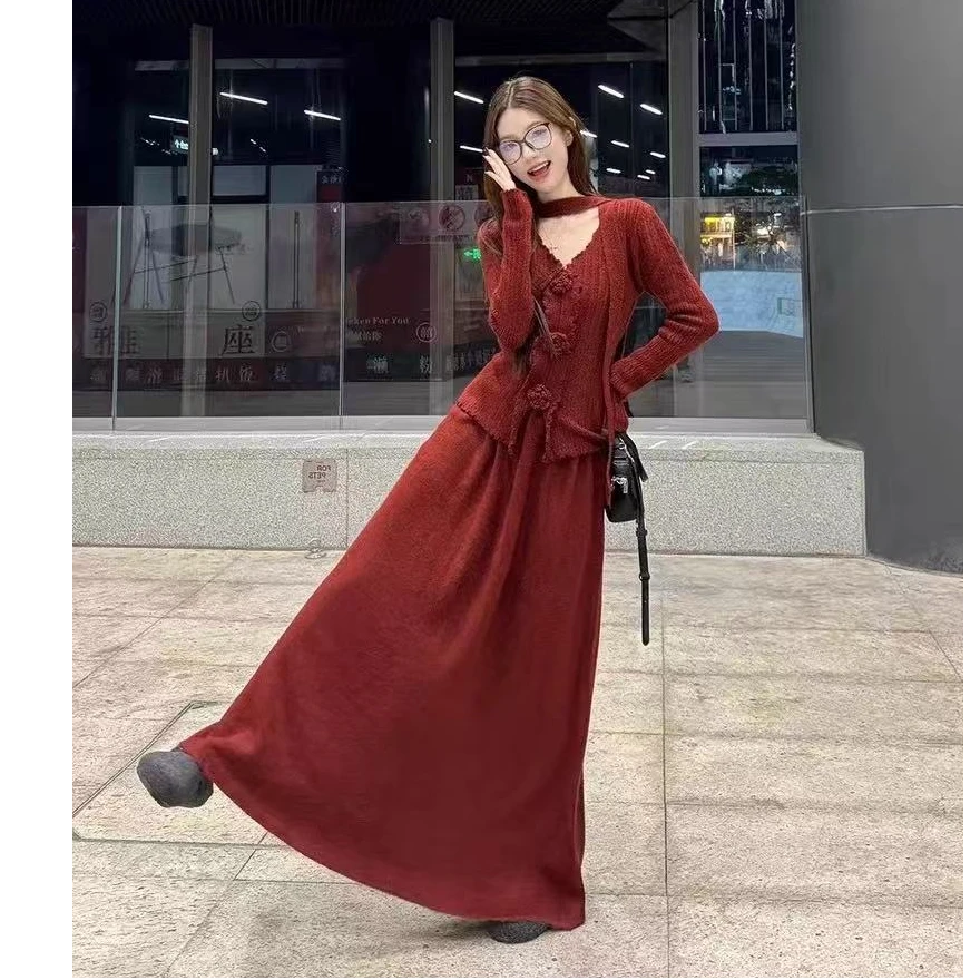 立体花朵V领飘带长袖针织衫高腰显瘦半身长裙女时尚套装5125