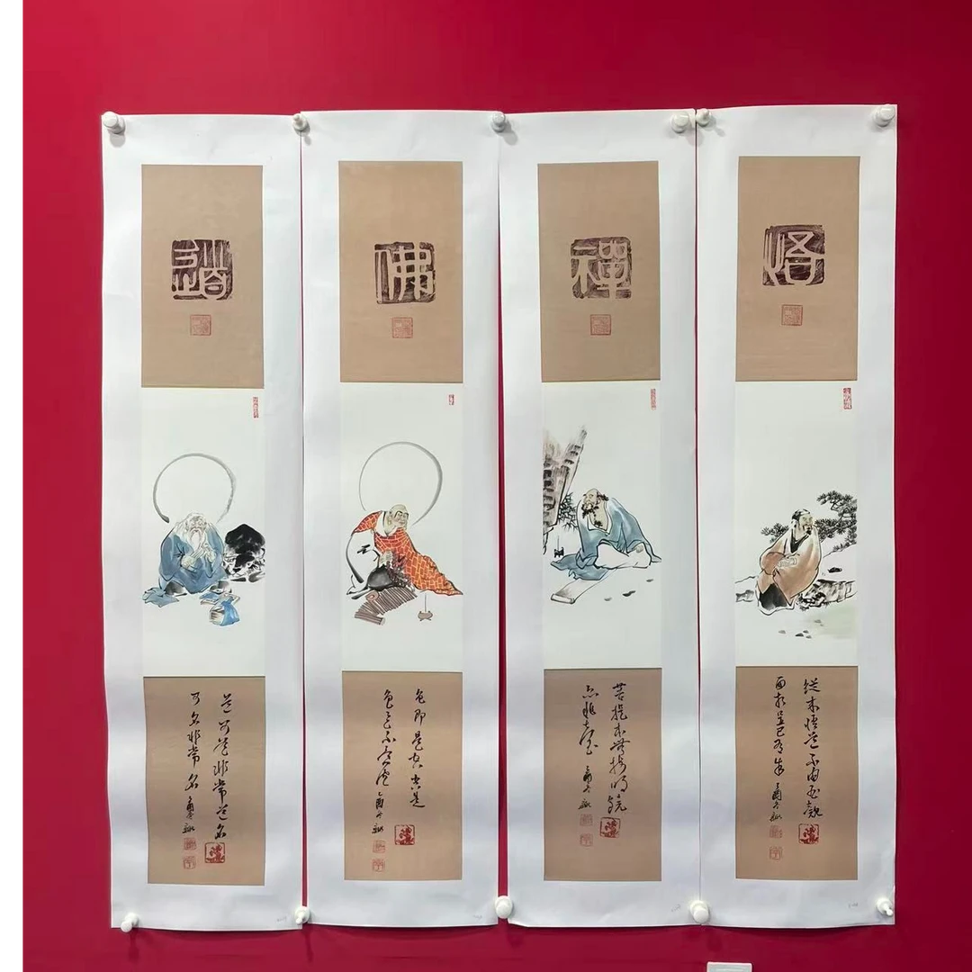 李新社手绘宣禅意四条屏-人物画