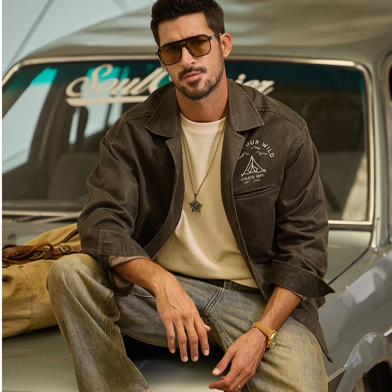 赤单6120美式工装风翻领印花水洗夹克秋冬季硬汉风男装外套