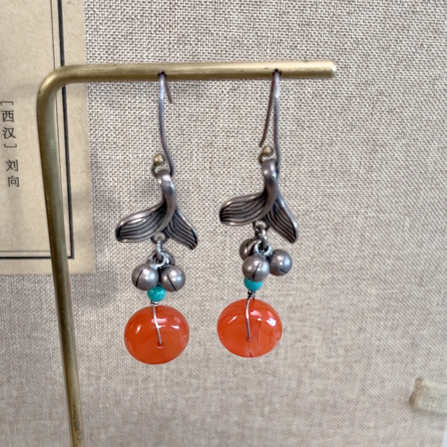 S925银 手工工艺DIY南红天然鱼尾铃铛 小众气质复古耳环耳坠0089