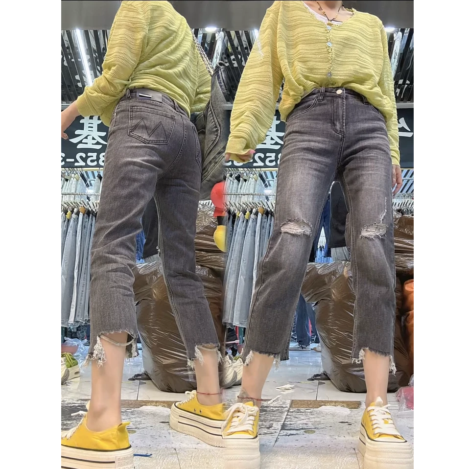 2025春夏大码女装新款时尚百搭显瘦灰色弹力破洞烟管裤