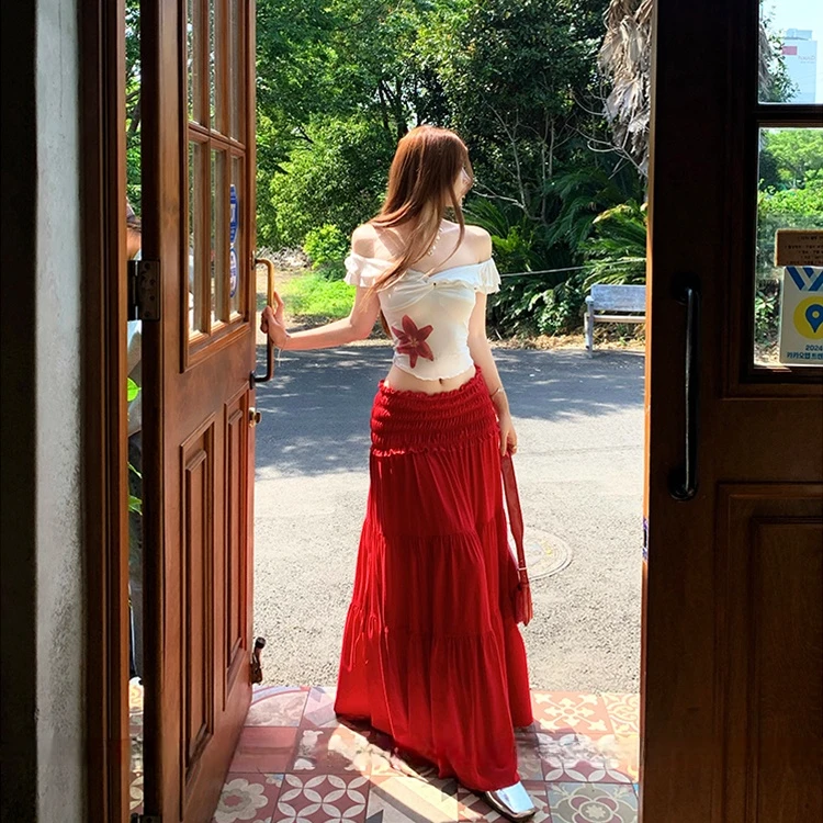 设计感木耳边抽褶半身裙女夏季新款度假风高腰遮胯宽松垂感长裙