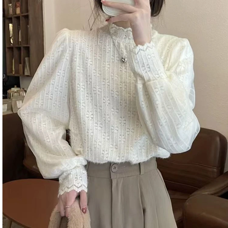 （衣长约56）新款时尚气质百搭设计感女神半高领蕾丝打底衫8232