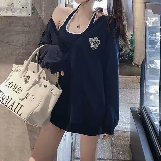 挂脖宽松两件套休闲中长款卫衣女秋季设计感纯欲风辣妹百搭上衣