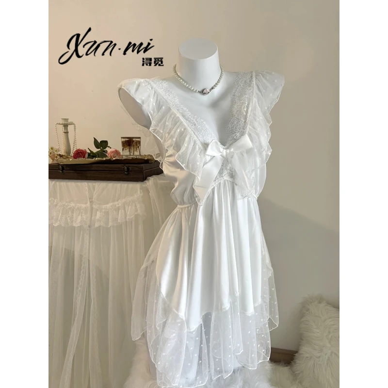 浔觅/Xunmi「清纯少女」日系甜美蕾丝纯欲背心蝴蝶结波点网纱吊带-B