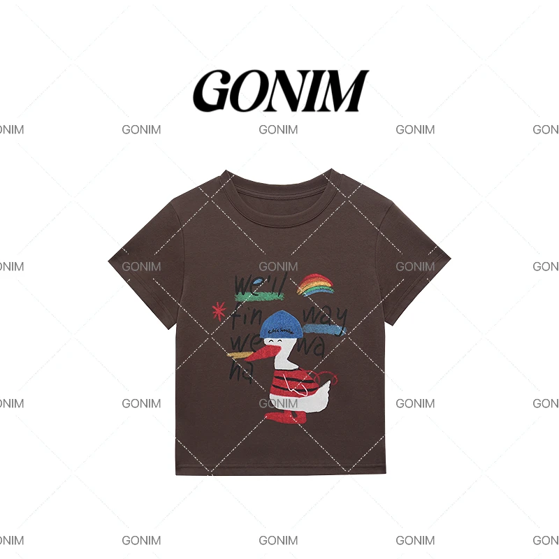 Gonim·“时髦鸭”2025早春新百搭漫画印花青春减龄时尚感短袖T恤女