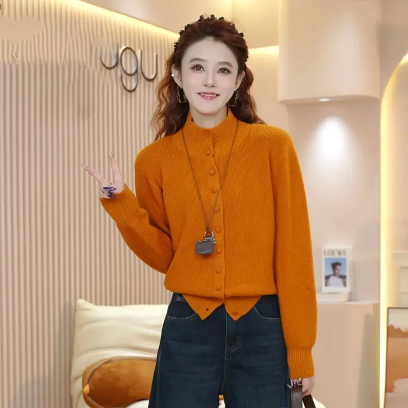 时尚半高领老钱风气质立领针织开衫装慵懒风毛衣百搭外套软糯上衣