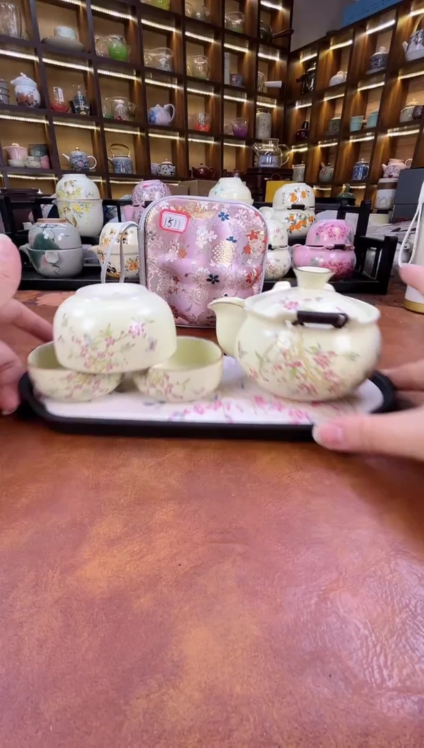瓷片桃花1壶3杯宝瓶旅行+长方桃花盘