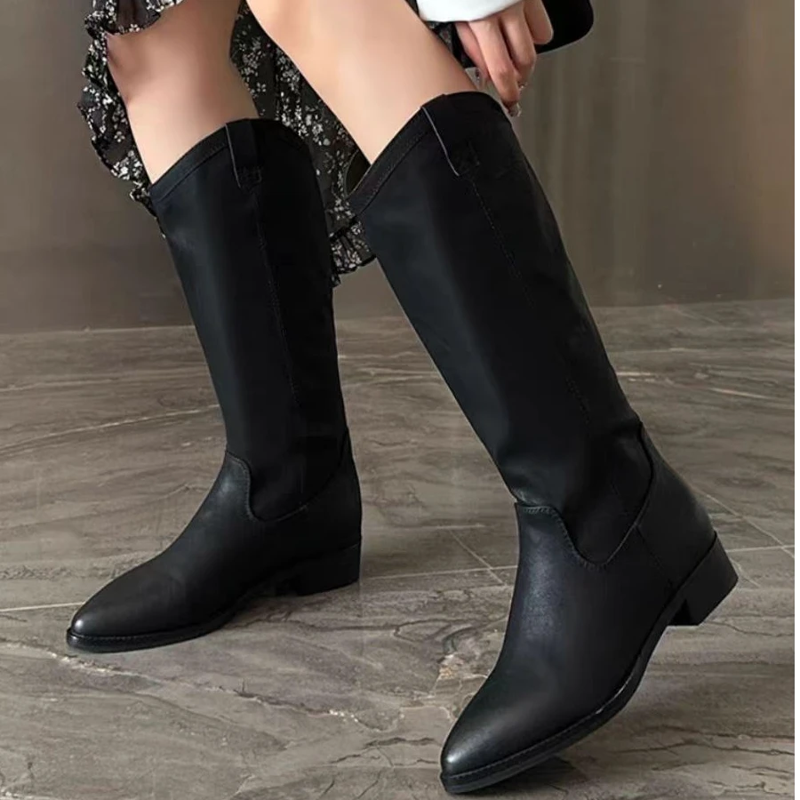 08376 冬季新款时尚百搭尖头粗跟长筒时装靴加绒