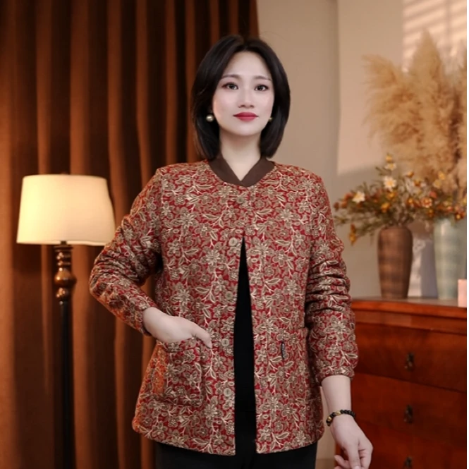 秋冬季（加绒加厚）清新花朵棒球服休闲显瘦气质中年妈妈装保暖外套