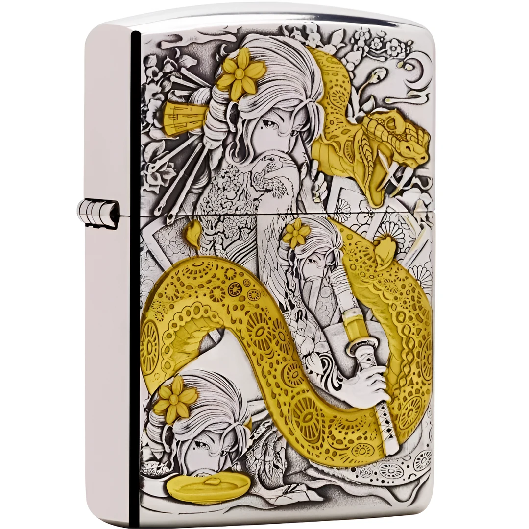 ZIPPO/之宝打火机破法者蛇女刀妹镀银鎏金浮雕盔甲防风煤油DYJ1