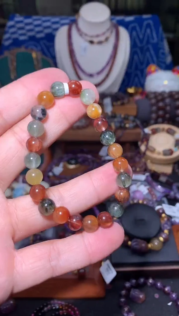 未镶嵌珠宝半成品水晶彩兔毛圆珠手串，微瑕