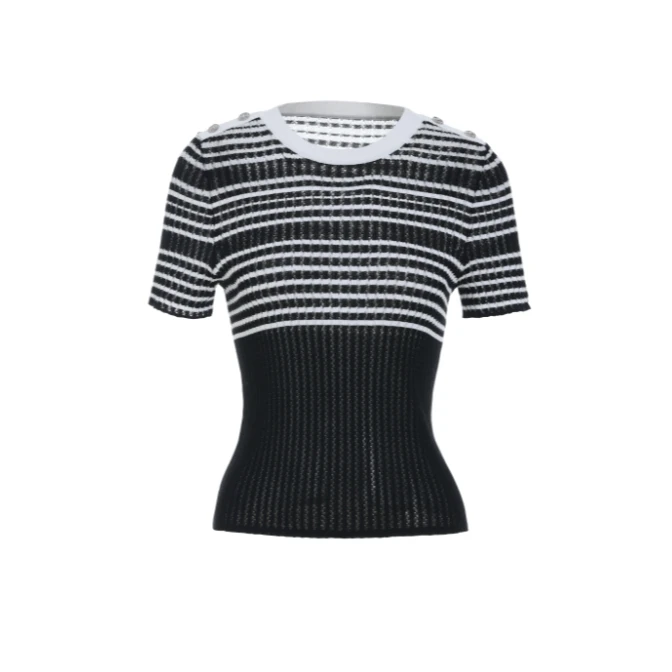 时尚百搭圆领套头条纹显瘦针织上衣LBE64230