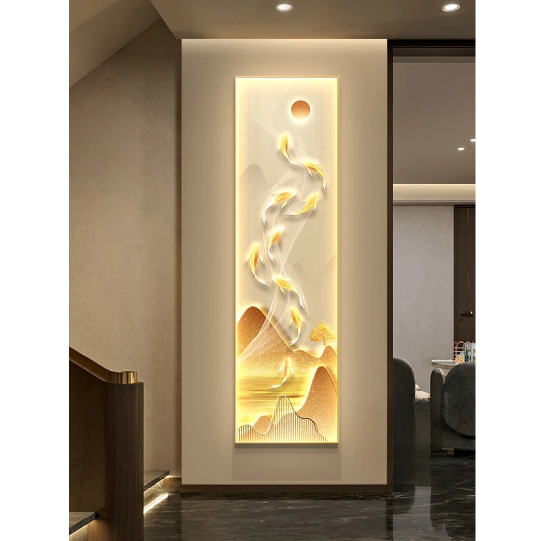 轻奢入户玄关装饰画九鱼图窄长条抽象壁灯画走廊过道大气金山挂画