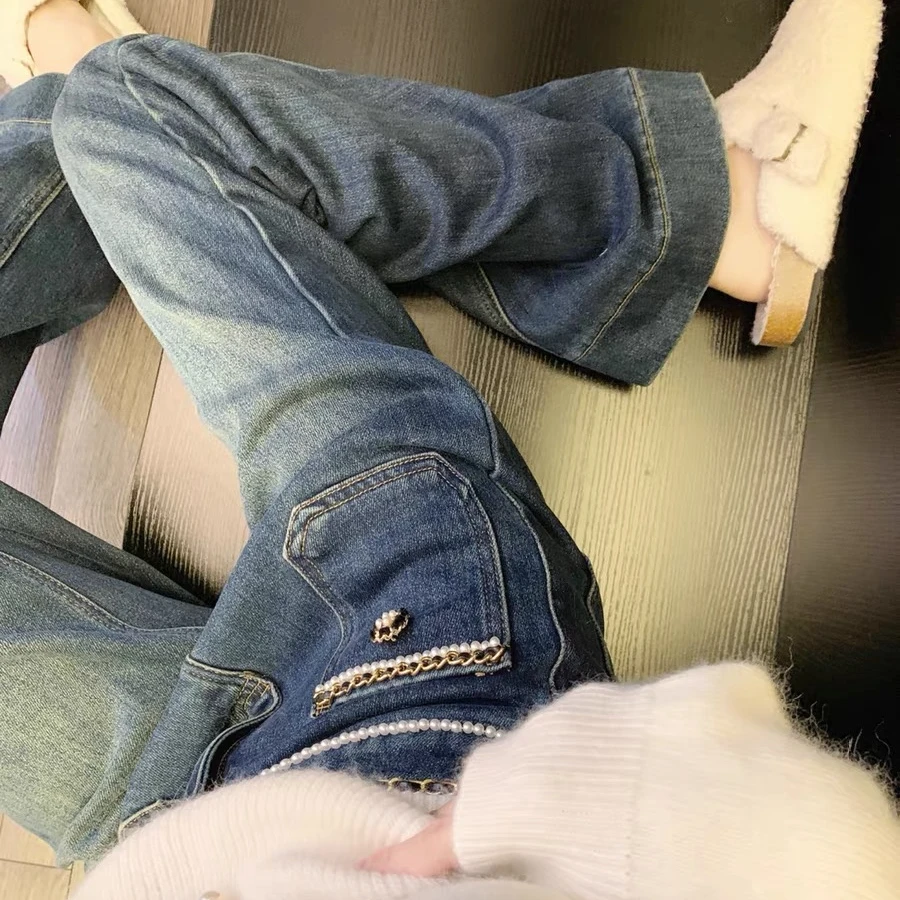 时尚链条装饰烫钻牛仔长裤女2025新款春装高腰宽松百搭直筒阔腿裤