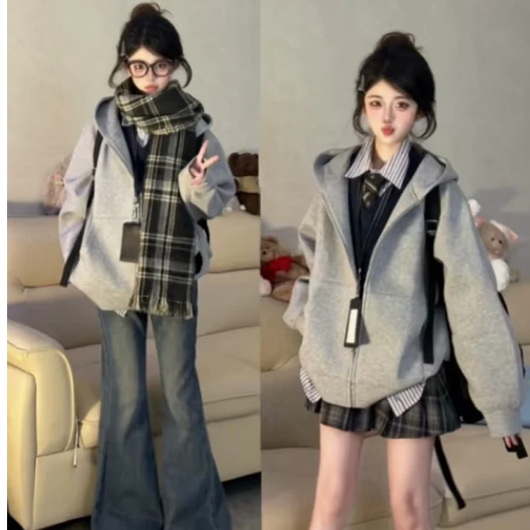 夏季薄款连帽卫衣女2025新款春秋灰色外套慵懒风休闲宽松开衫上衣