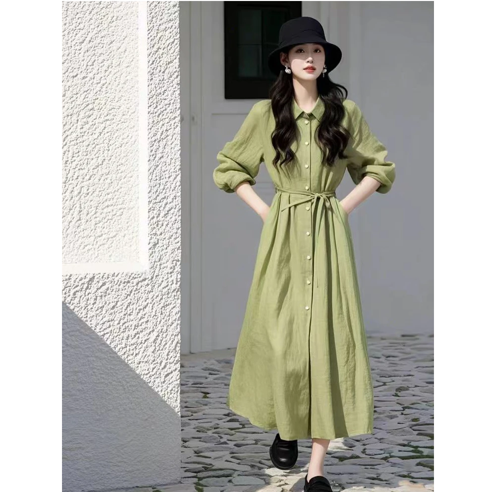 2025春装新款法式气质高级感大方得体爆款掐腰绿色衬衫连衣裙子