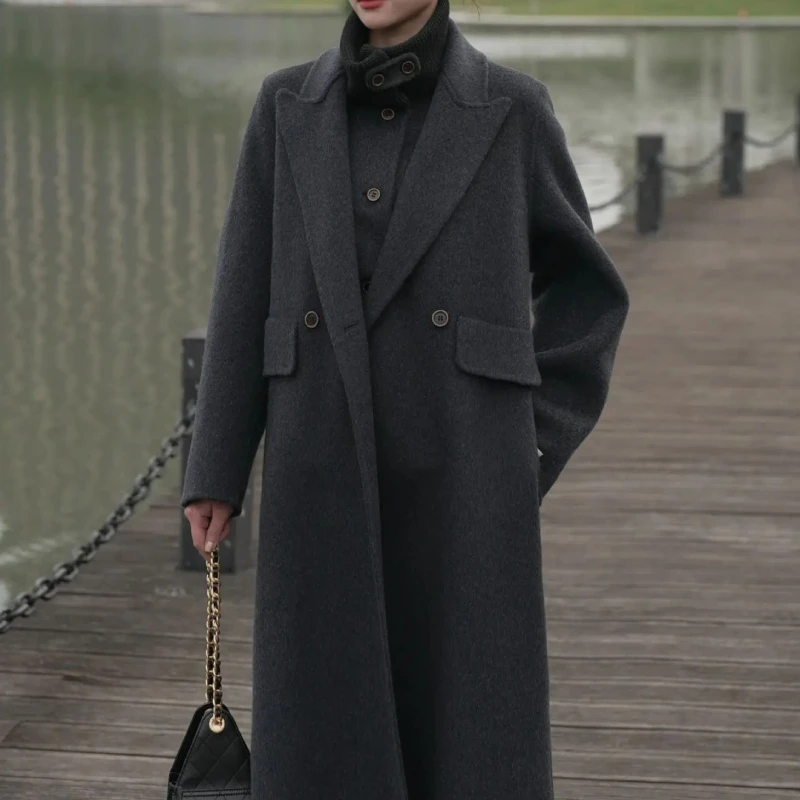 【昕】2025年秋冬双面羊毛大衣女中长款高领马甲两件套百搭毛呢外套
