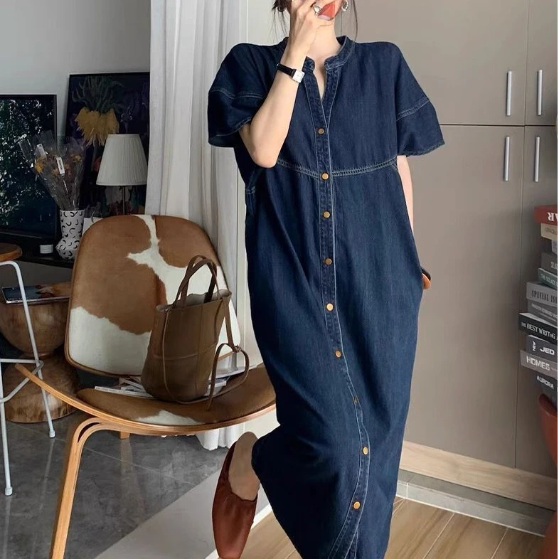 新款法式复古休闲牛仔连衣裙女夏季梨型身材显瘦气质洋气裙子